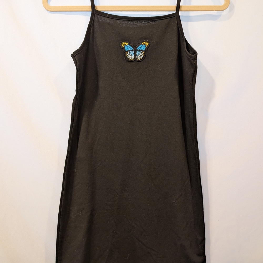Girls black Tank Dress‎ with Blue Butterfly Patch preppy girly